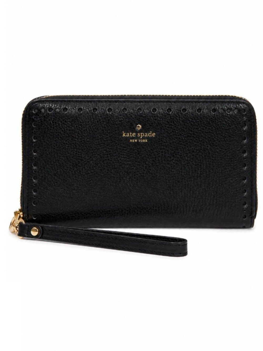 Kate Spade Black Pebbled Leather Zip Around Wallet Wristlet Gold Logo